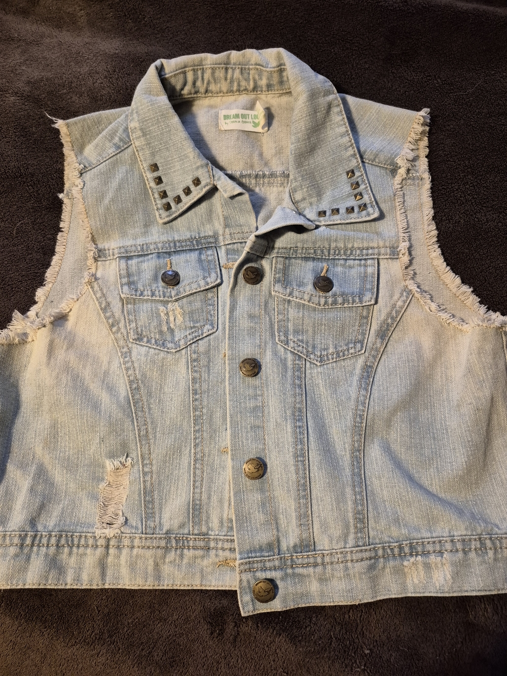 Light Wash Denim Vest with Studded Collar